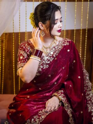 অরজিনাল জিম্মিচু কার্টওয়ার্ক এমব্রয়ডারি ও সিকুয়েন্স পার্টি শাড়ি